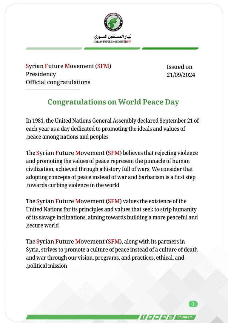 Congratulations on World Peace Day